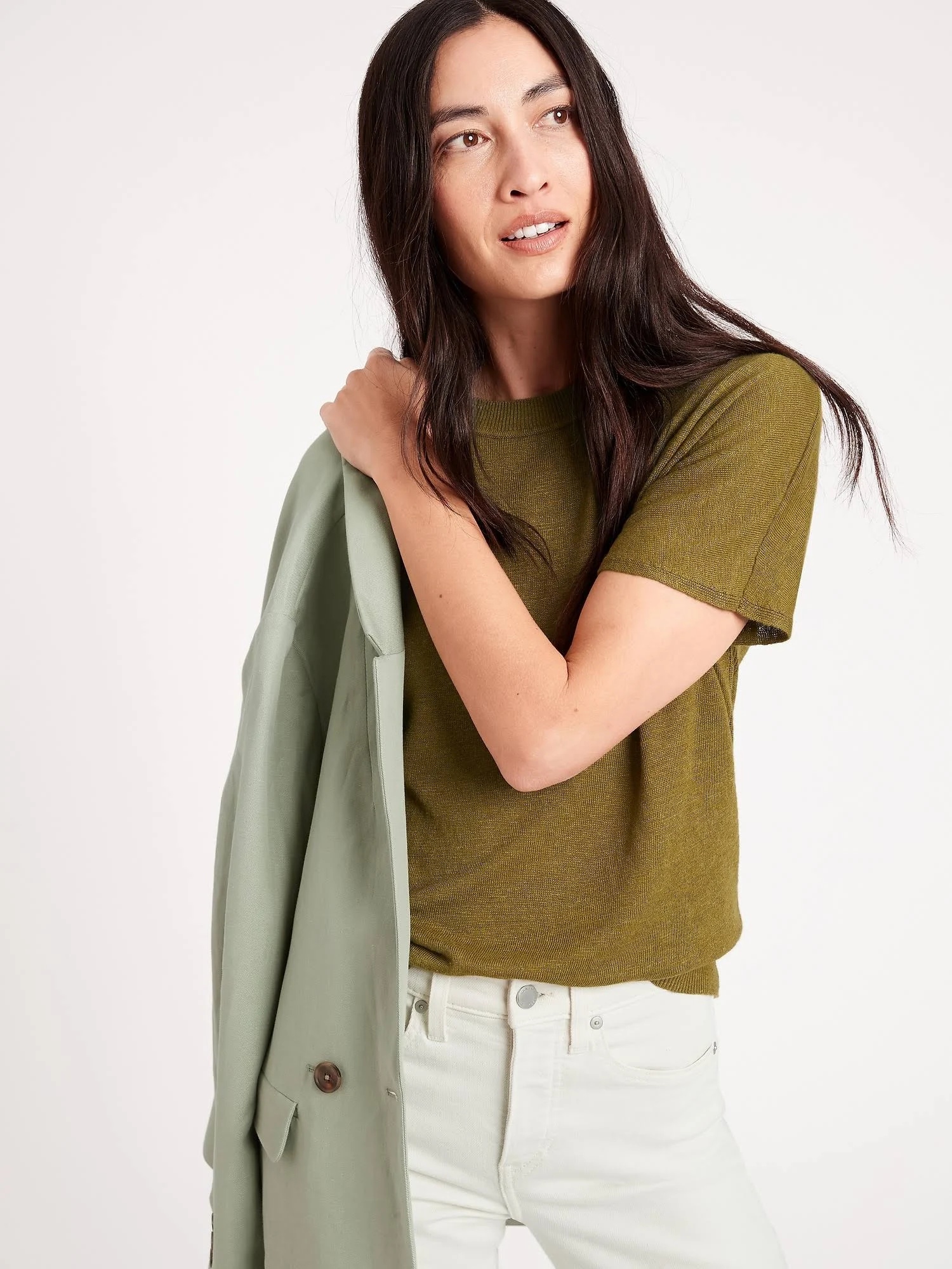 Banana Republic Women's Linen-Blend Short-Sleeve Sweater Dark Palm Size Xs