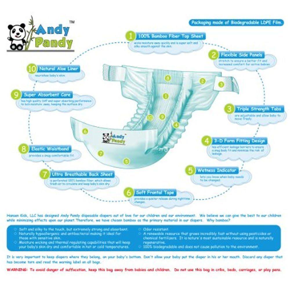 Andy Pandy Premium Bamboo Disposable Diapers, Small, 94 Count.