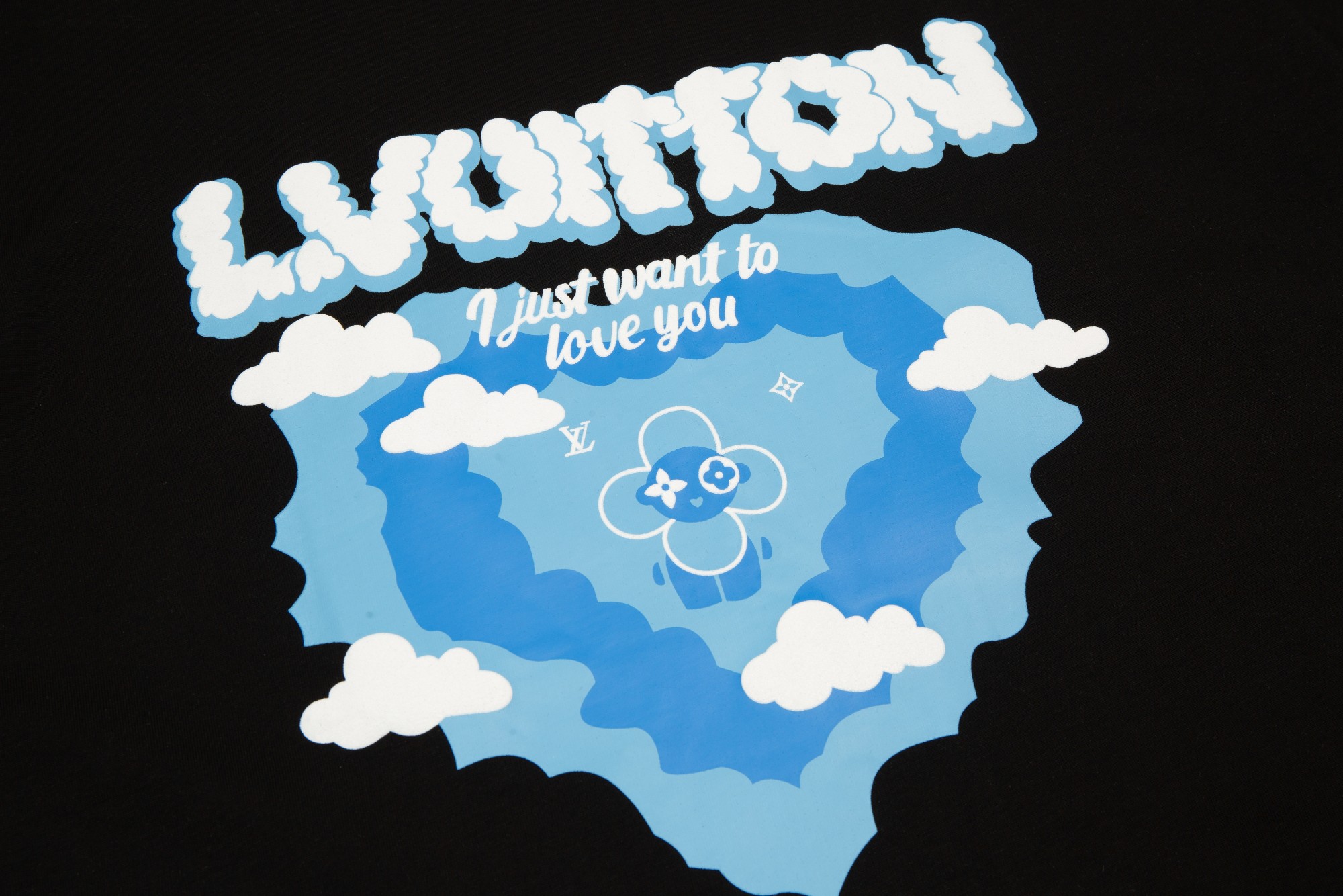 Louis Vuitton 23ss Blue Sky White Cloud Print Suede Foam Short Sleeve Black 6.14