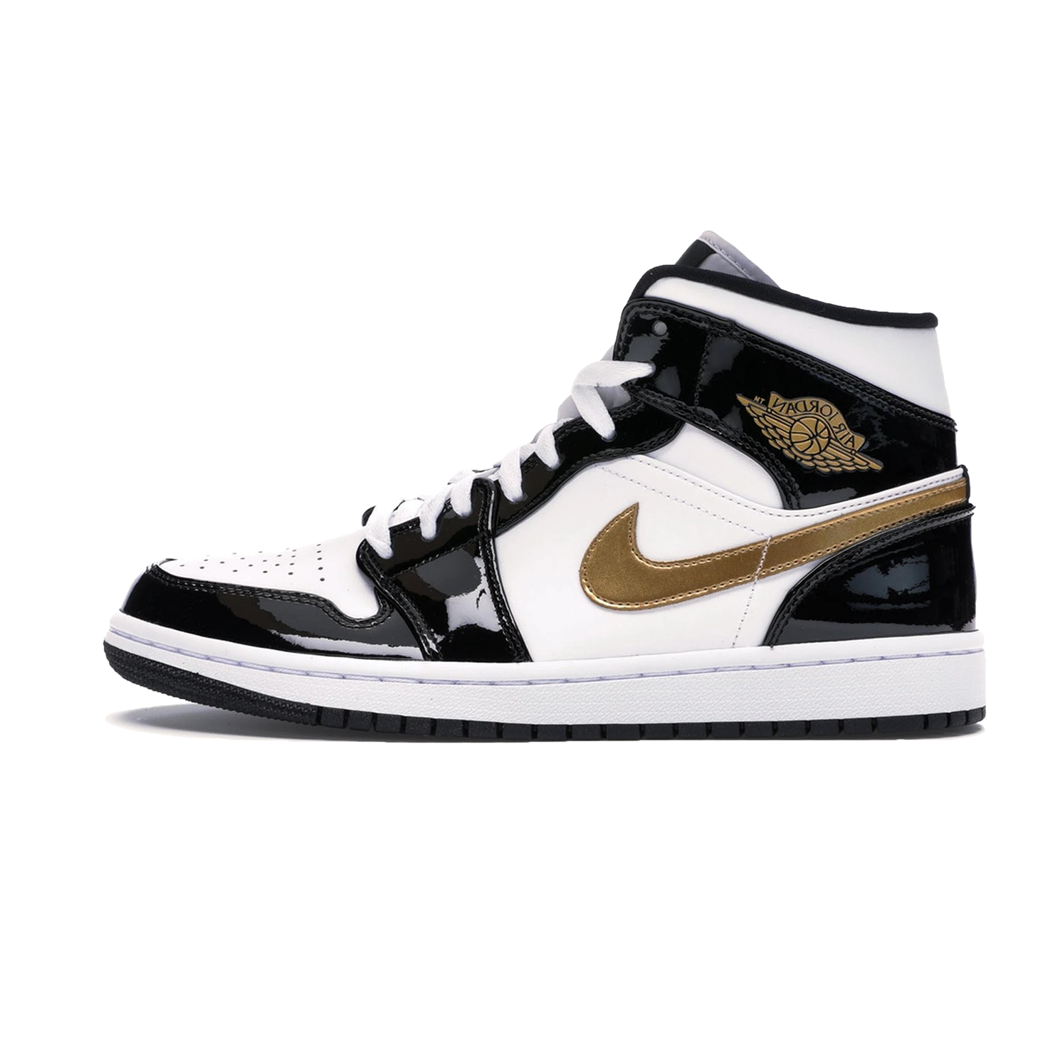 Jordan 1 Mid Patent Black White Gold