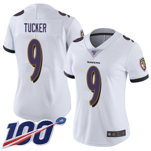 Ravens #9 Justin Tucker White Women's Stitched 100th Season Vapor Limited Jersey
