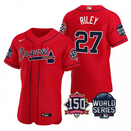 Atlanta Atlanta Braves #27 Austin Riley Men's 150th Anniversary 2021 World Series Authentic Jersey - Red Men's