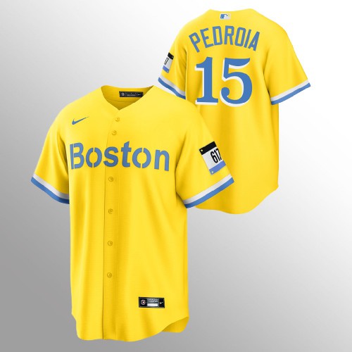 Boston Boston Red Sox #15 Dustin Pedroia Men's 2021 City Connect Gold Fans Version Jersey Men's