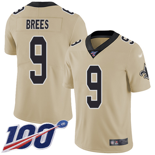 Saints #9 Drew Brees Gold Men's Stitched Limited Inverted Legend 100th Season Jersey