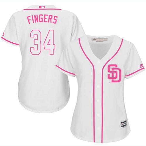 San Diego Padres #34 Rollie Fingers White/Pink Fashion Women's Stitched Jersey Womens