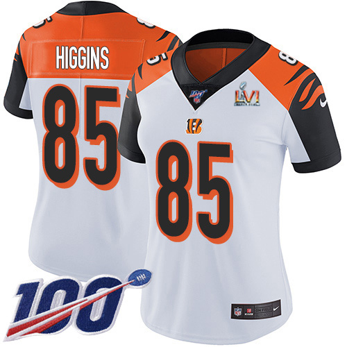Bengals #85 Tee Higgins White Super Bowl LVI Patch Women's Stitched 100th Season Vapor Untouchable Limited Jersey