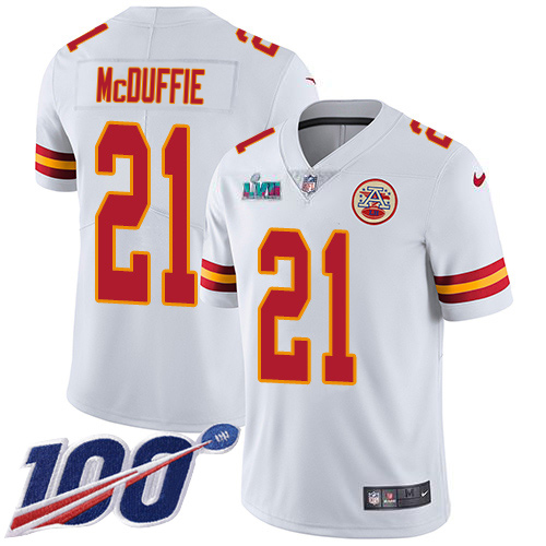 Chiefs #21 Trent McDuffie White Super Bowl LVII Patch Men's Stitched 100th Season Vapor Limited Jersey