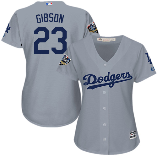 Los Angeles Dodgers #23 Kirk Gibson Grey Alternate Road 2018 World Series Women's Stitched Jersey Womens
