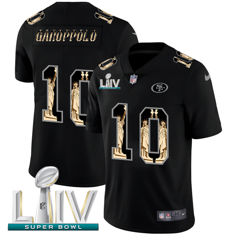 San Francisco 49ers #10 Jimmy Garoppolo Carbon Black Super Bowl LIV 2020 Vapor Statue Of Liberty Limited Jersey