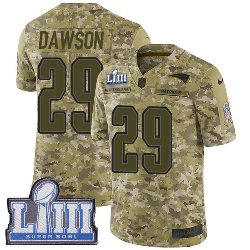 New England Patriots #29 Duke Dawson Camo Super Bowl LIII Bound Men's Stitched Limited 2018 Salute To Service Jersey Men's