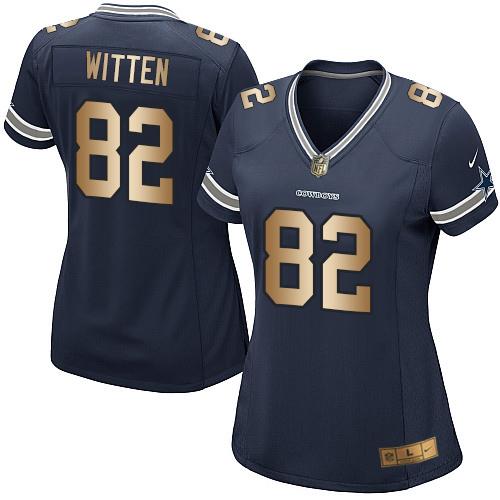 Dallas Cowboys #82 Jason Witten Navy Blue Team Color Women's Stitched Elite Gold Jersey Womens
