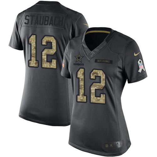 Cowboys #12 Roger Staubach Black Women's Stitched Limited 2016 Salute To Service Jersey