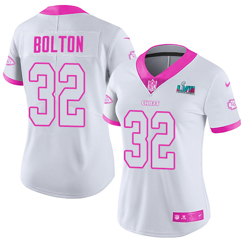 Chiefs #32 Nick Bolton White/Pink Super Bowl LVII Patch Women's Stitched Limited Rush Fashion Jersey