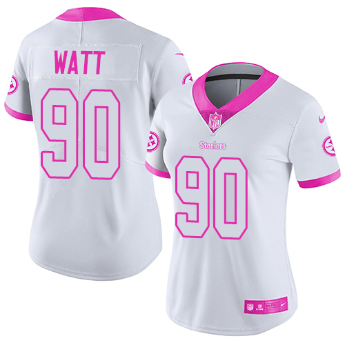 Steelers #90 T. J. Watt White/Pink Women's Stitched Limited Rush Fashion Jersey