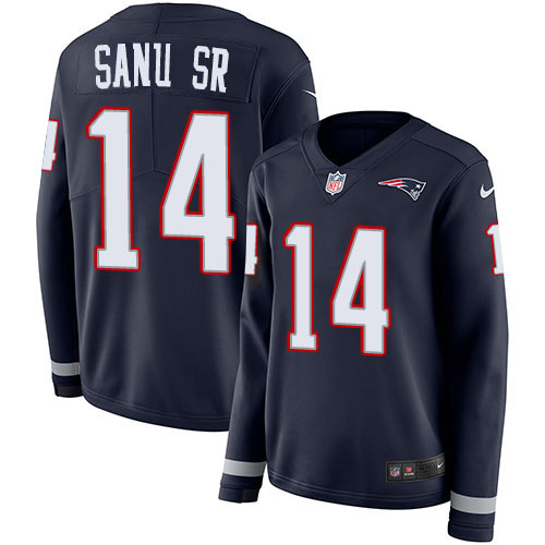 New England Patriots #14 Mohamed Sanu Sr Navy Blue Team Color Women's Stitched Limited Therma Long Sleeve Jersey Womens