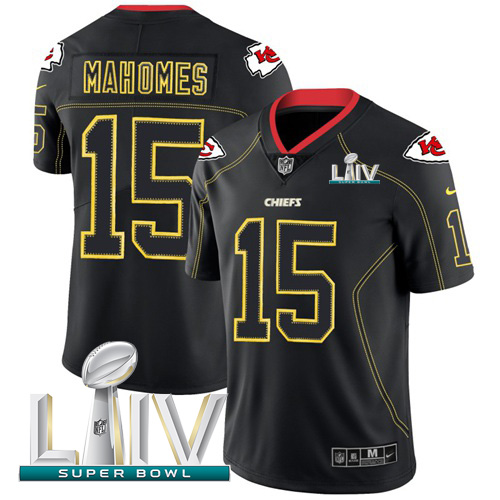 Chiefs #15 Patrick Mahomes Lights Out Black Super Bowl LIV 2020 Men's Stitched Limited Rush Jersey