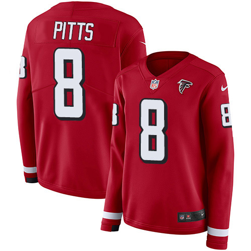 Falcons #8 Kyle Pitts Red Team Color Women's Stitched Limited Therma Long Sleeve Jersey