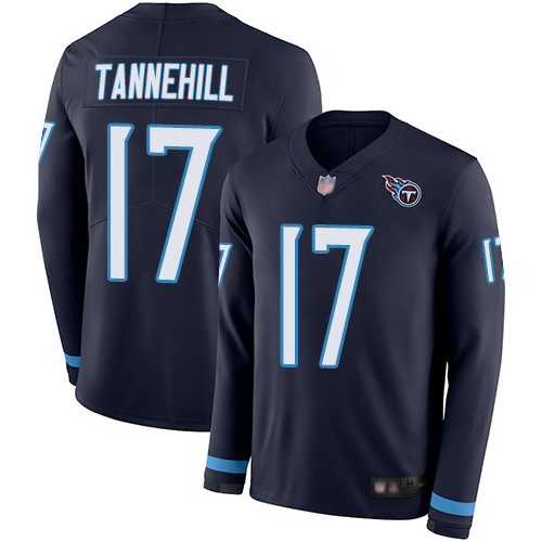 Titans #17 Ryan Tannehill Navy Blue Team Color Men's Stitched Limited Therma Long Sleeve Jersey