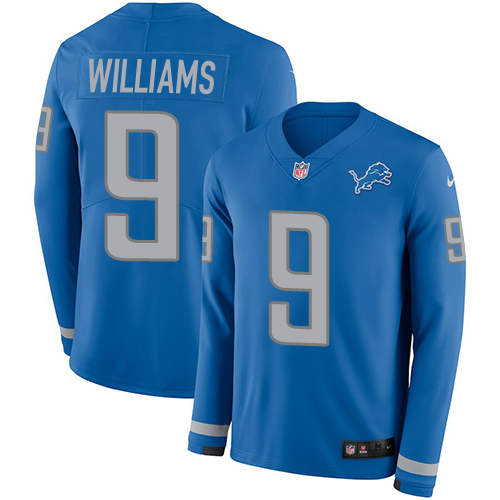 Lions #9 Jameson Williams Blue Team Color Men's Stitched Limited Therma Long Sleeve Jersey