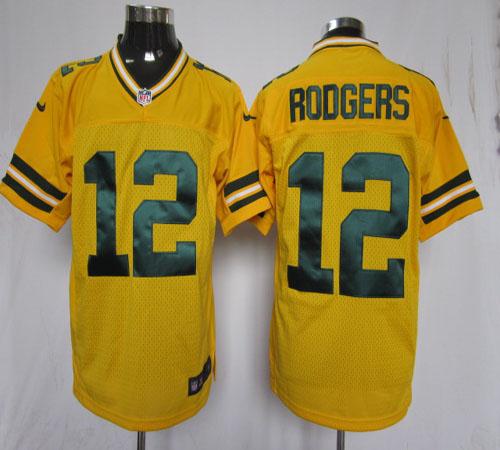 Packers #12 Aaron Rodgers Yellow Alternate Men's Stitched Elite Jersey