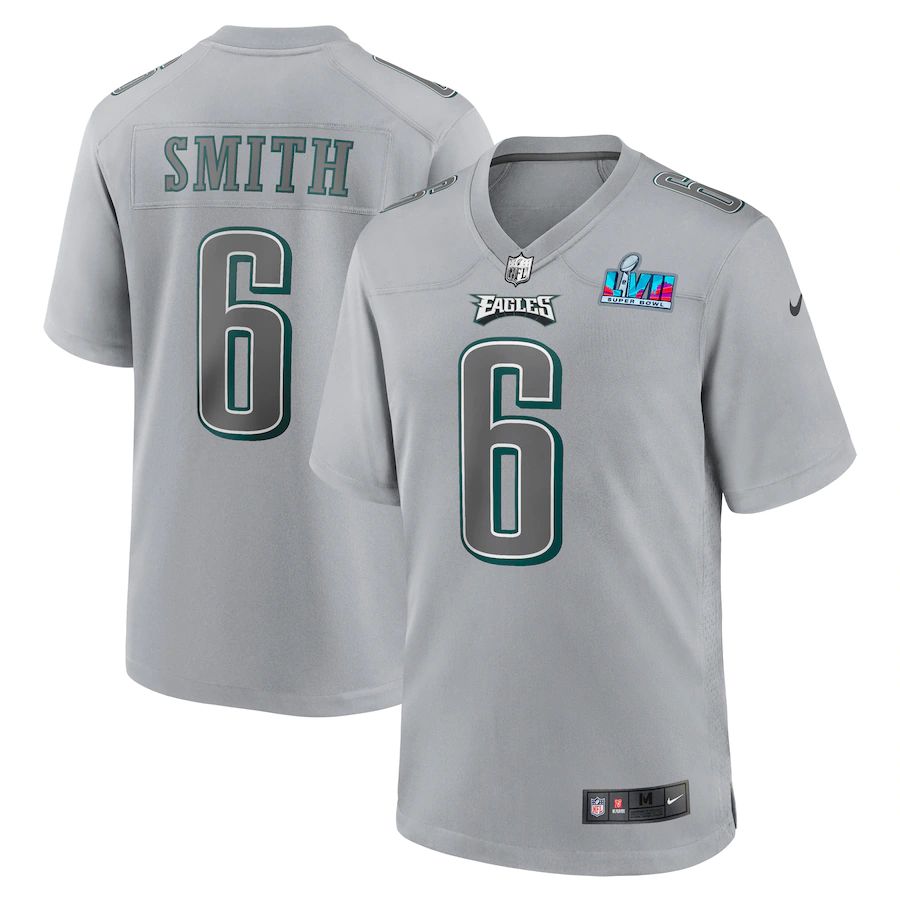 Philadelphia Eagles #6 DeVonta Smith Youth Super Bowl LVII Patch Atmosphere Fashion Game Jersey - Gray