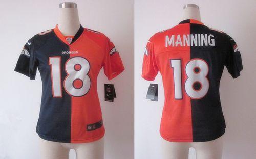 Broncos #18 Peyton Manning Orange/Blue Women's Stitched Elite Split Jersey