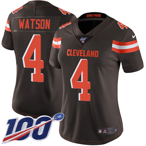 Browns #4 Deshaun Watson Brown Team Color Women's Stitched 100th Season Vapor Untouchable Limited Jersey