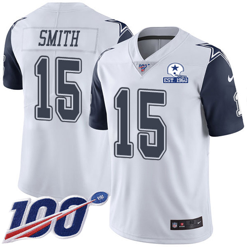 Dallas Cowboys #15 Devin Smith White Men's Stitched With Established In 1960 Patch Limited Rush 100th Season Jersey Men's