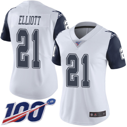 Cowboys #21 Ezekiel Elliott White Women's Stitched Limited Rush 100th Season Jersey