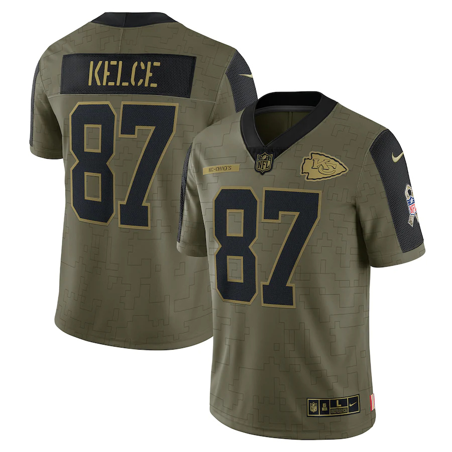 Kansas City Chiefs #87 Travis Kelce Olive 2021 Salute To Service Limited Player Jersey