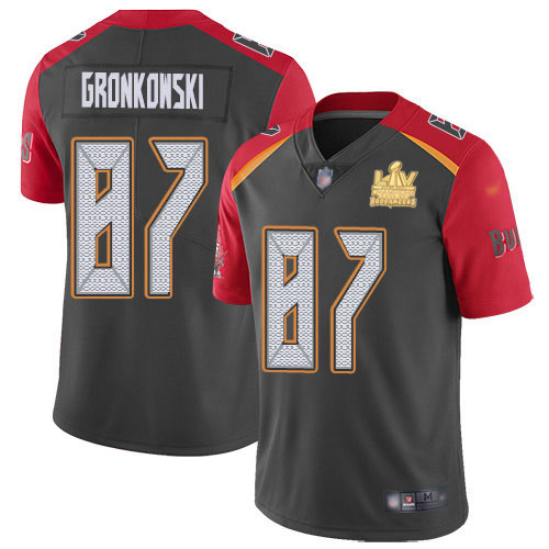 Buccaneers #87 Rob Gronkowski Gray Men's Super Bowl LV Champions Patch Stitched Limited Inverted Legend Jersey