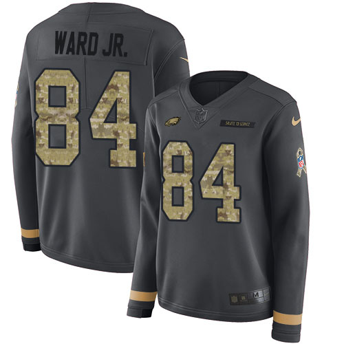 Philadelphia Eagles #84 Greg Ward Jr. Anthracite Salute to Service Women's Stitched Limited Therma Long Sleeve Jersey Womens