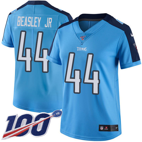 Tennessee Titans #44 Vic Beasley Jr Light Blue Women's Stitched Limited Rush 100th Season Jersey Womens