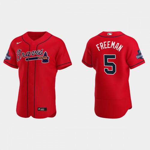 Atlanta Atlanta Braves #5 Freddie Freeman Men's 2021 World Series Champions Patch Authentic Player Jersey - Red Men's