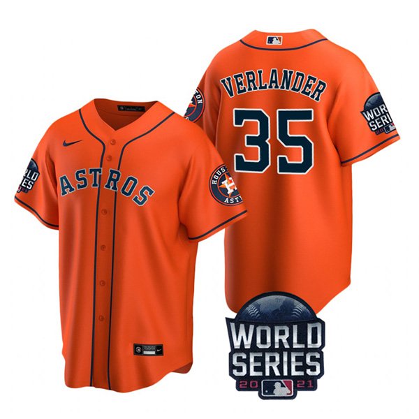 Houston Astros #35 Justin Verlander Men's 150th Anniversary 2021 World Series Game Jersey - Orange
