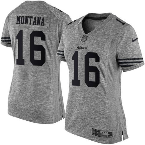 49ers #16 Joe Montana Gray Women's Stitched Limited Gridiron Gray Jersey