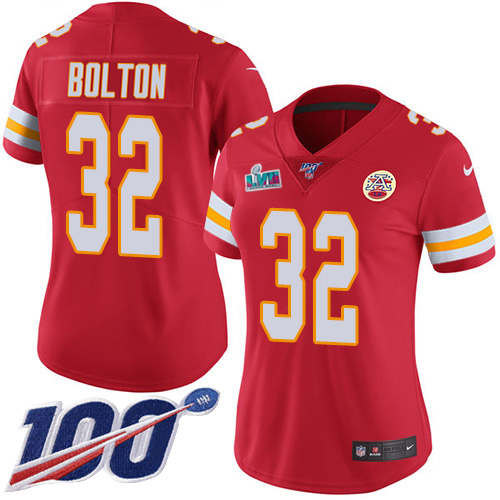 Chiefs #32 Nick Bolton Red Team Color Super Bowl LVII Patch Women's Stitched 100th Season Vapor Limited Jersey