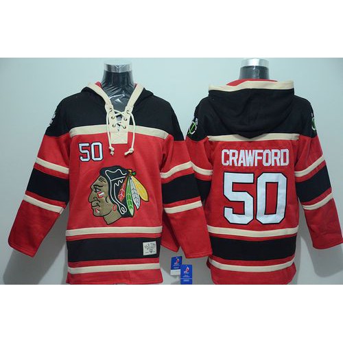 Chicago Blackhawks #50 Corey Crawford Red Sawyer Hooded Sweatshirt Stitched Jersey Men's