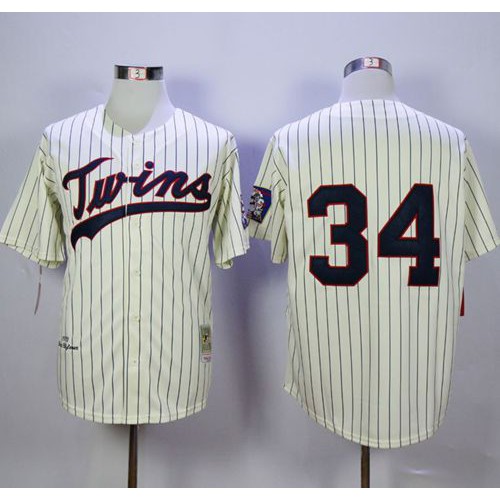 Mitchell And Ness Minnesota Twins #34 Kirby Puckett Cream Strip Throwback Stitched Jersey Men's