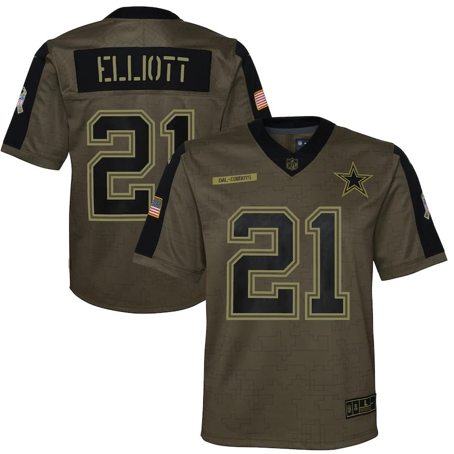 Dallas Cowboys #21 Ezekiel Elliott Olive Youth 2021 Salute To Service Game Jersey
