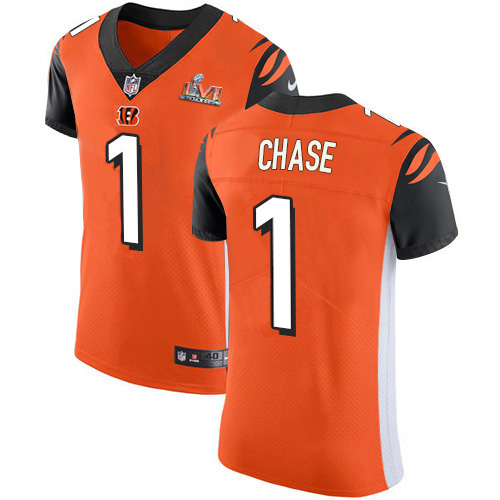 Bengals #1 Ja'Marr Chase Orange Alternate Super Bowl LVI Patch Men's Stitched New Elite Jersey