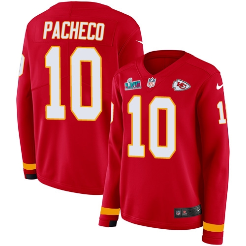 Chiefs #10 Isiah Pacheco Red Team Color Super Bowl LVII Patch Women's Stitched Limited Therma Long Sleeve Jersey