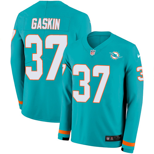 Miami Dolphins #37 Myles Gaskin Aqua Green Team Color Youth Stitched Limited Therma Long Sleeve Jersey Youth