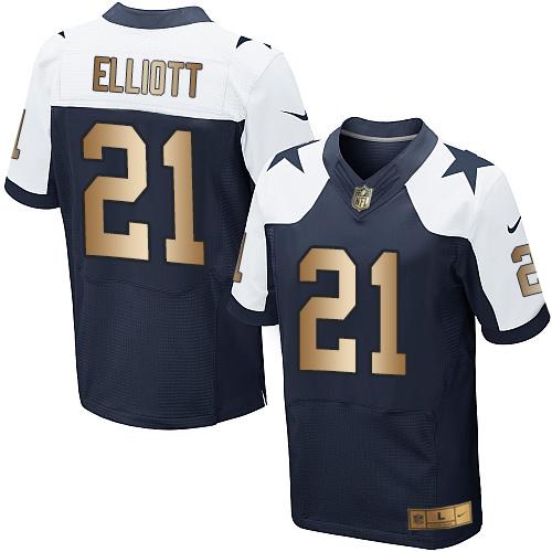 Cowboys #21 Ezekiel Elliott Navy Blue Thanksgiving Throwback Men's Stitched Elite Gold Jersey