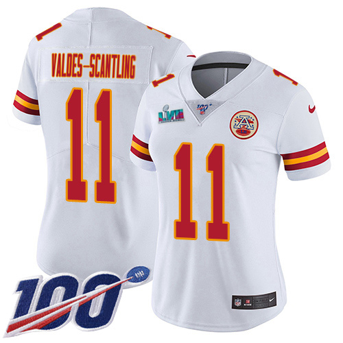 Chiefs #11 Marquez Valdes-Scantling White Super Bowl LVII Patch Women's Stitched 100th Season Vapor Limited Jersey