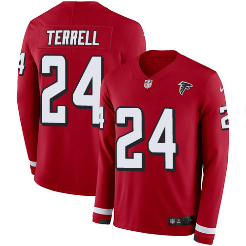 Atlanta Falcons #24 A.J. Terrell Red Team Color Men's Stitched Limited Therma Long Sleeve Jersey Men's