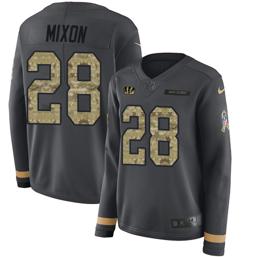 Bengals #28 Joe Mixon Anthracite Salute To Service Women's Stitched Limited Therma Long Sleeve Jersey