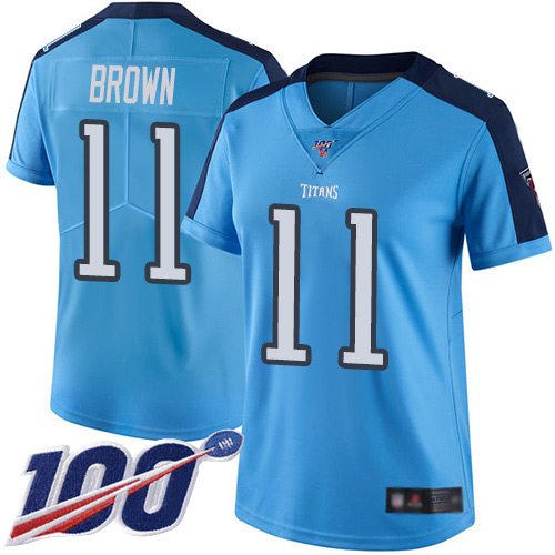 Tennessee Titans #11 A.J. Brown Light Blue Women's Stitched Limited Rush 100th Season Jersey Womens
