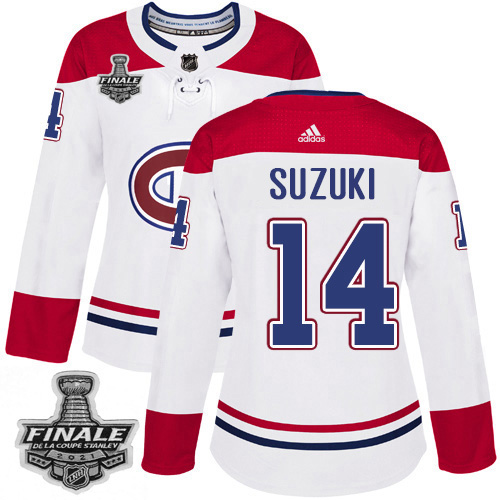 Adidas Montreal Canadiens #14 Nick Suzuki White Road Authentic Women's 2021 Stanley Cup Final Patch Jersey Womens