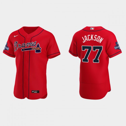 Atlanta Atlanta Braves #77 Luke Jackson Men's 2021 World Series Champions Patch Authentic Player Jersey - Red Men's
